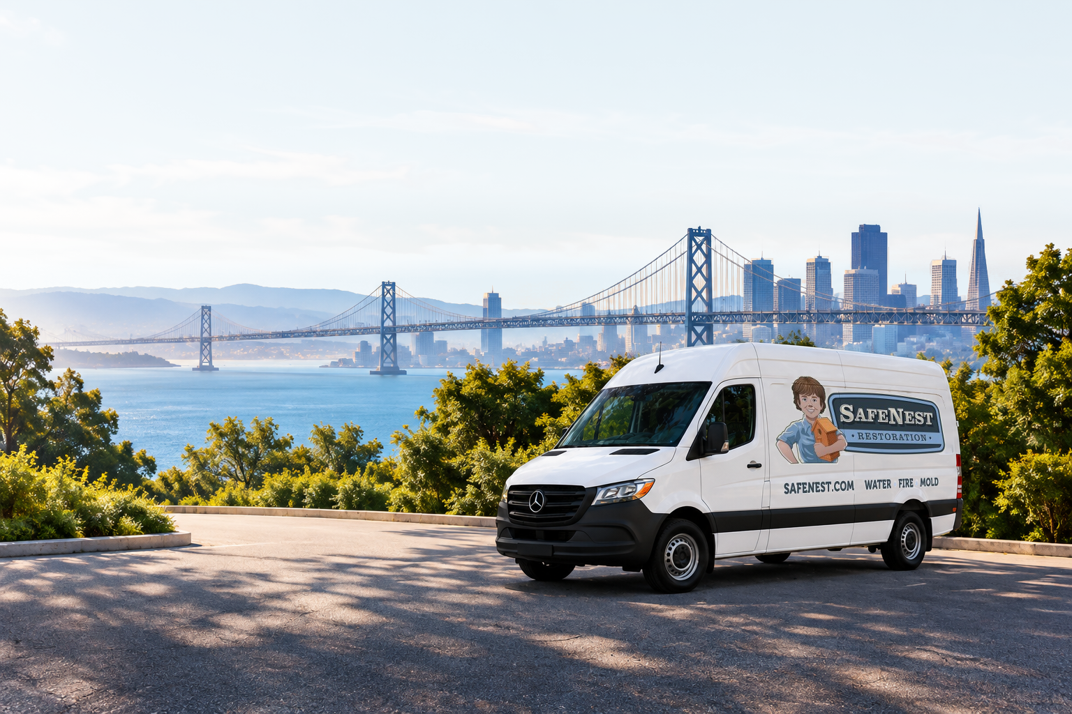 SAFENEST Restoration van with the San Francisco skyline and Bay Bridge in the background